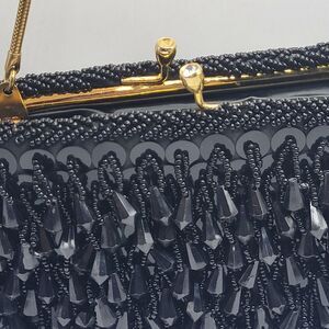 ADG Black Beaded and Sequined Cha Cha Evening Bag Purse Made in HK 10.5in long